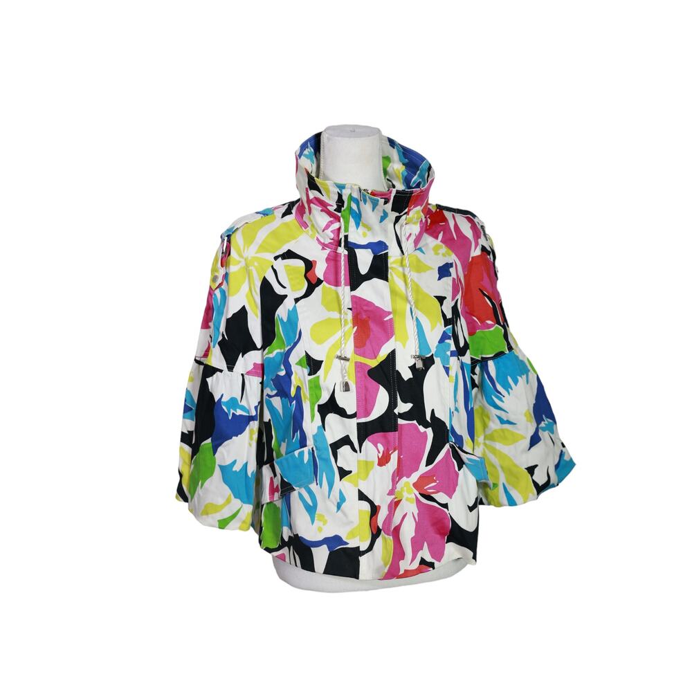 Cache Women Jacket Swing Crop Multicolor Floral‎ Cotton Zip Up Bell Sleeve large